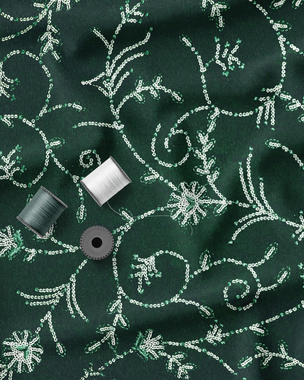 Dyed D.Green Georgette Fabric with Tone to Tone Embroidery and Glitter Sequins