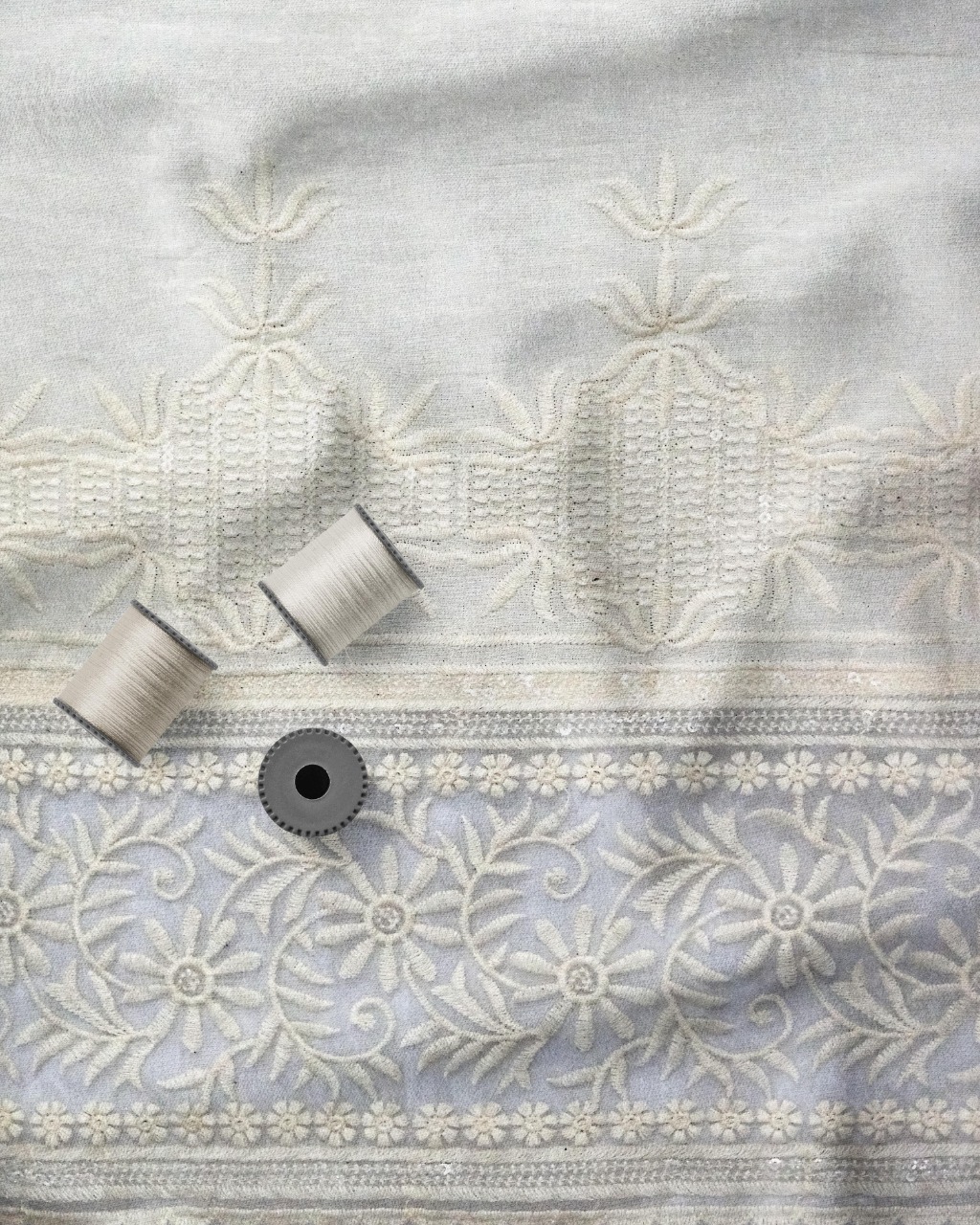Beige Cotton Grey MP fabric with Embroidery and Pani Sequins