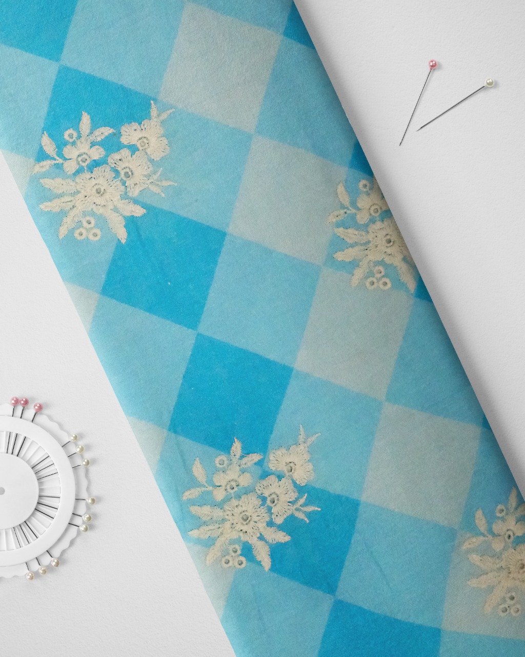 Blue Printed Cotton Dhaga Embroideried Super Cotton Fabric
