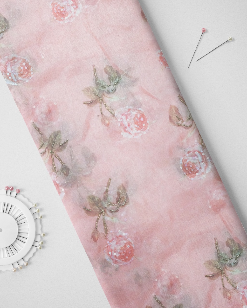 Carrot Pink Digital Printed Organza Silk Fabric with Handwork