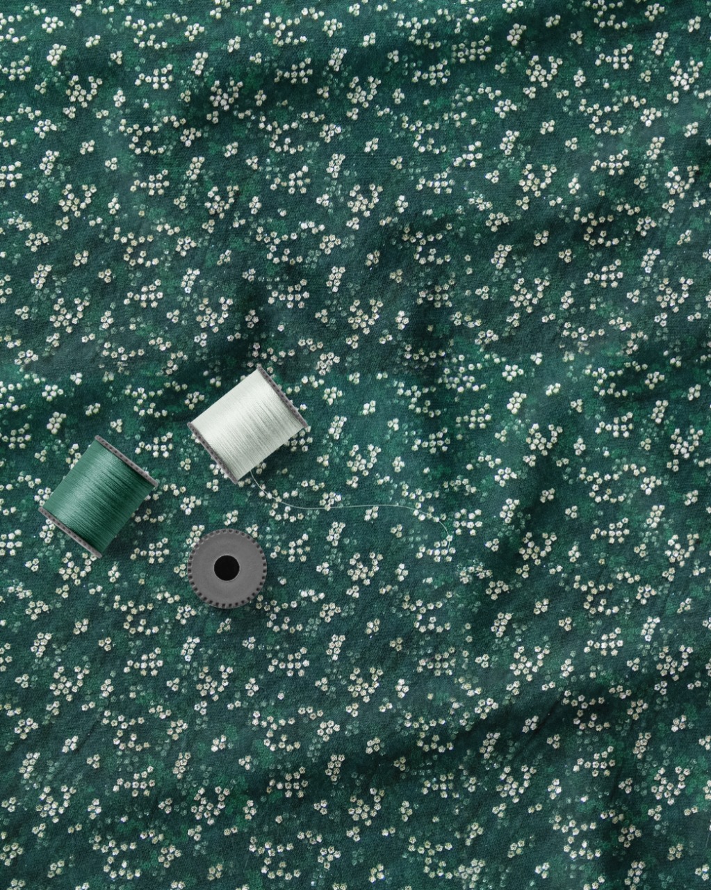 Dark Green Net Fabric with Tone to Tone Dhaga and Glitter Sequins