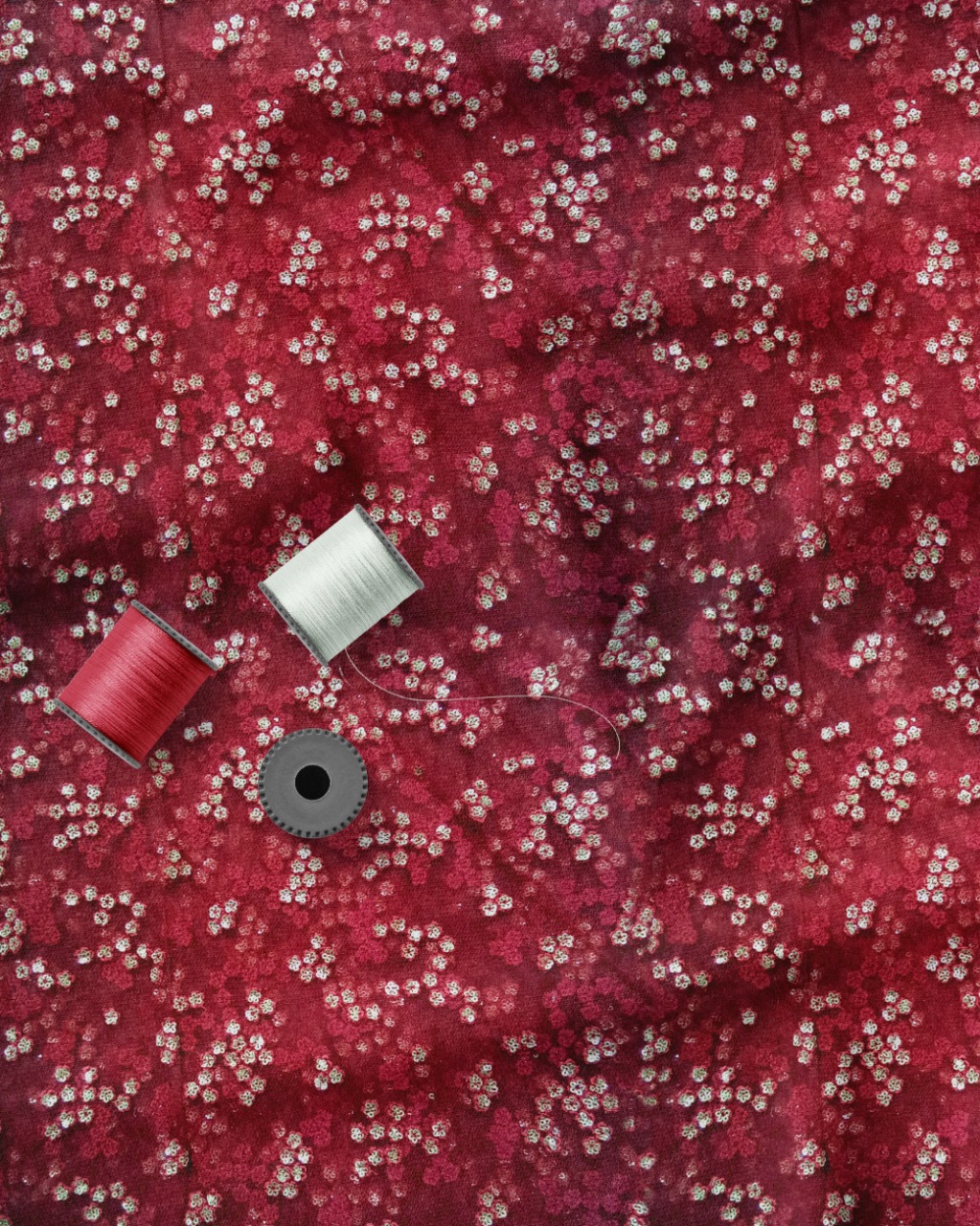 Dark Red Net Fabric with Tone to Tone Dhaga and Glitter Sequins
