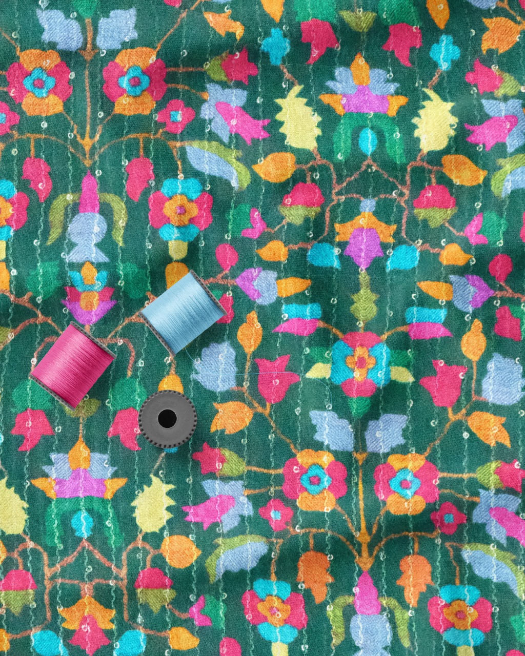 Digital Printed Dark Green Based Multicoloured Chinnon Chiffon Fabric with Viscose Dhaga Embroidery and Gold Sequins