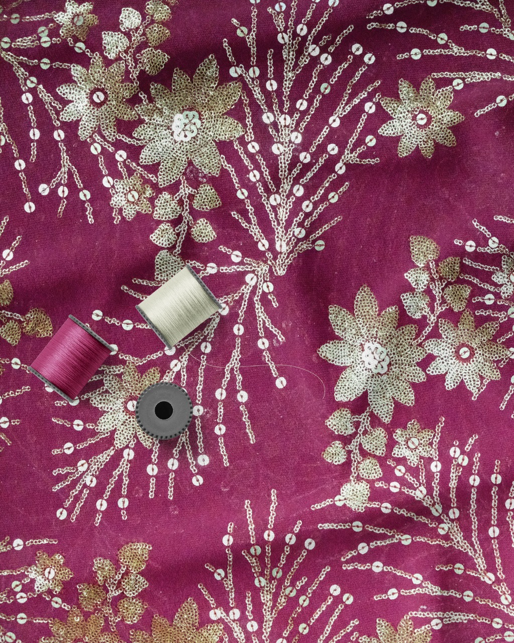 Dyed Magenta Georgette Fabric with Tone to Tone Embroidery and Gold Sequins
