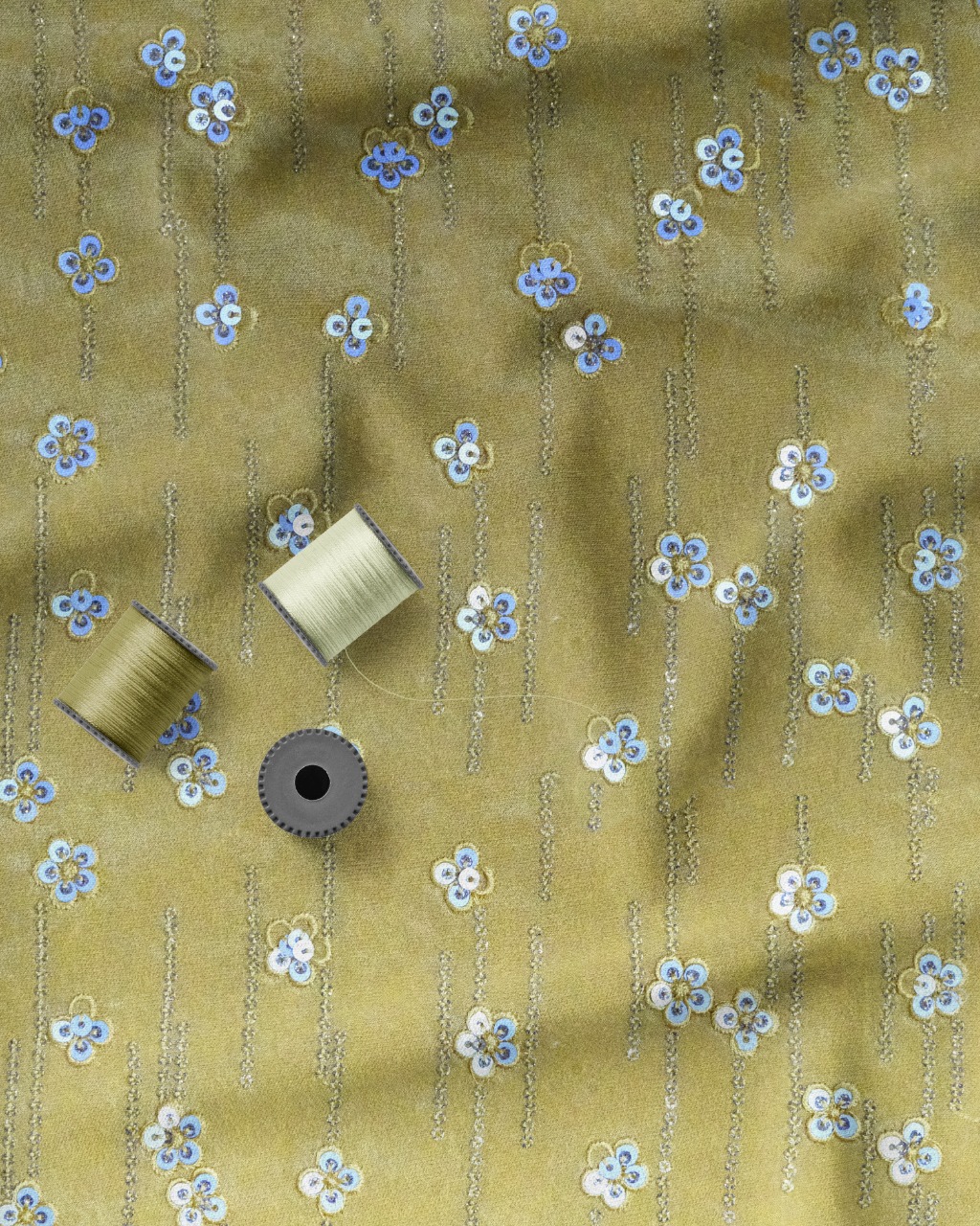Dyed Olive Coloured Chinnon Chiffon Fabric with Tone to Tone Embroidery