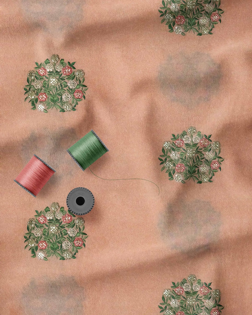 Dyed Peach Multi Dhaga Embroideried Royal Silk Fabric