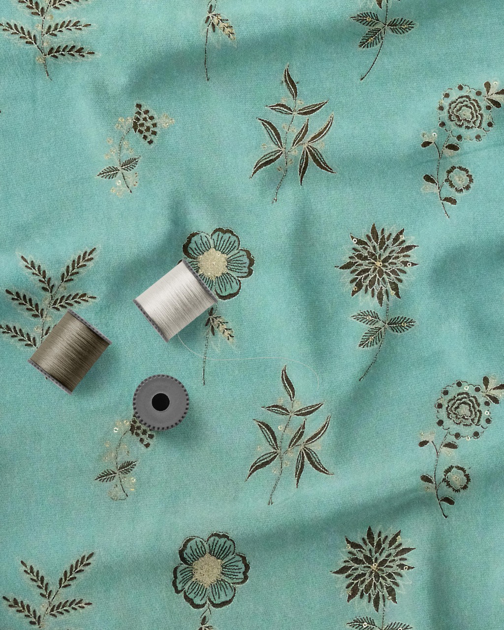 Dyed Sky Blue Cotton Mull Fabric with Multi Dhaga Embroidery