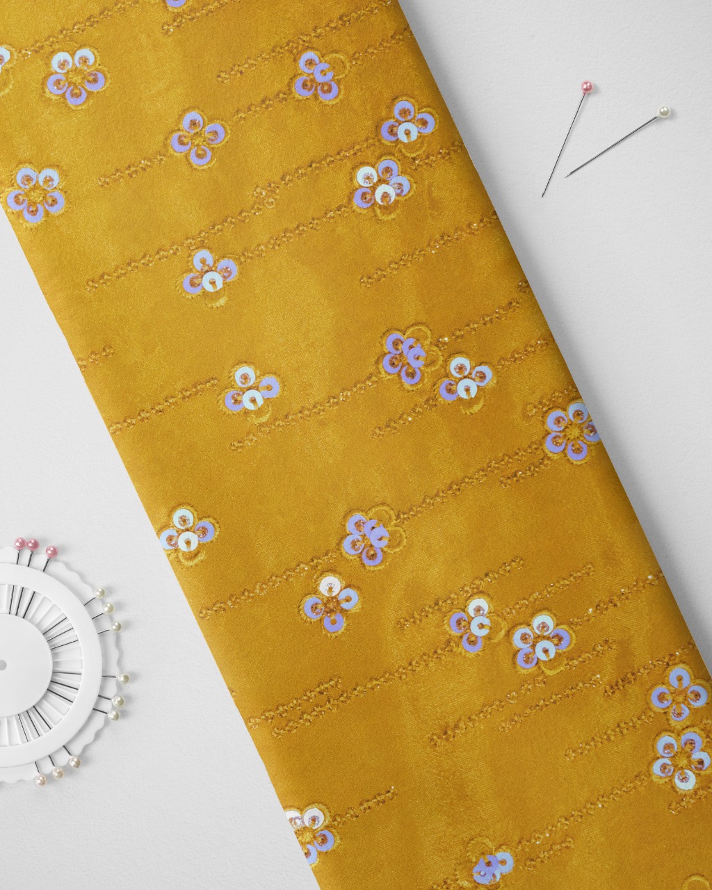 Dyed Yellow Chinnon Chiffon Fabric with Tone to Tone Embroidery