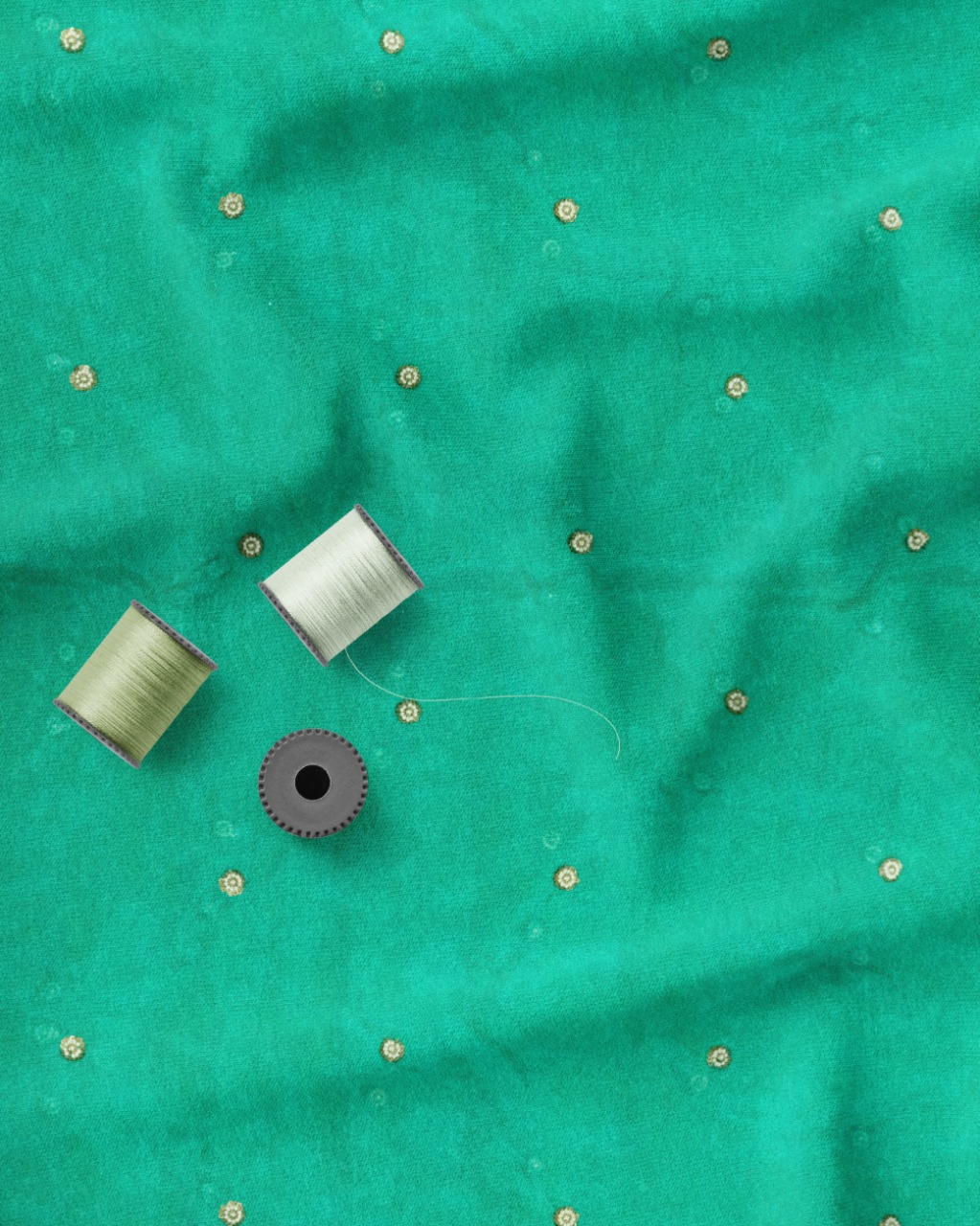 Green Dyed Organza Silk Fabric with Handwork