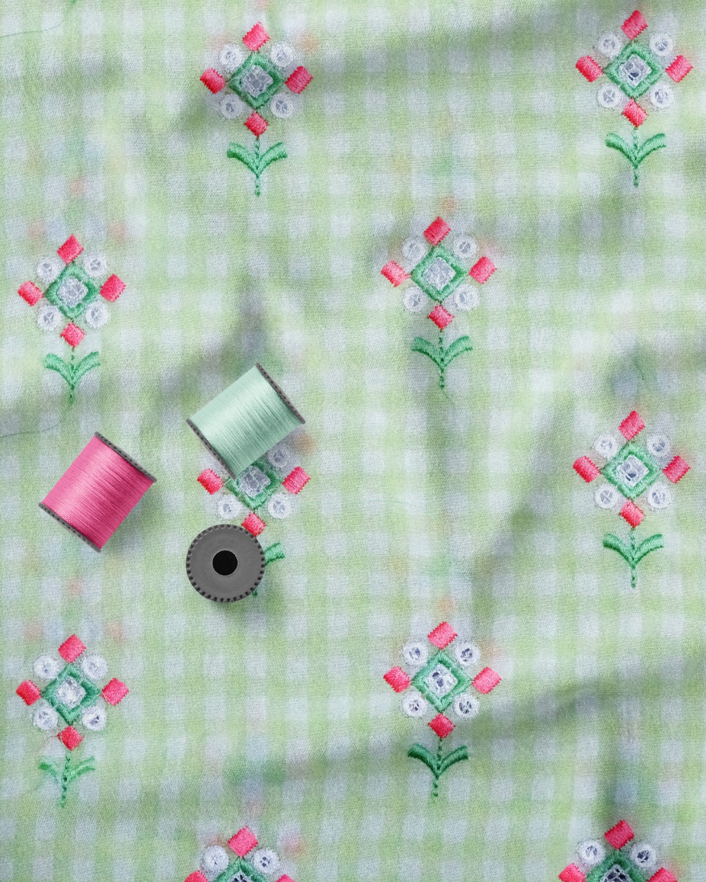 Green Printed Multi Dhaga Embroideried Royal Silk Fabric