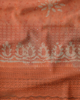 Printed Dark Orange Coloured Cotton Super Fabric With Cotton Grey Dhaga Embroidery