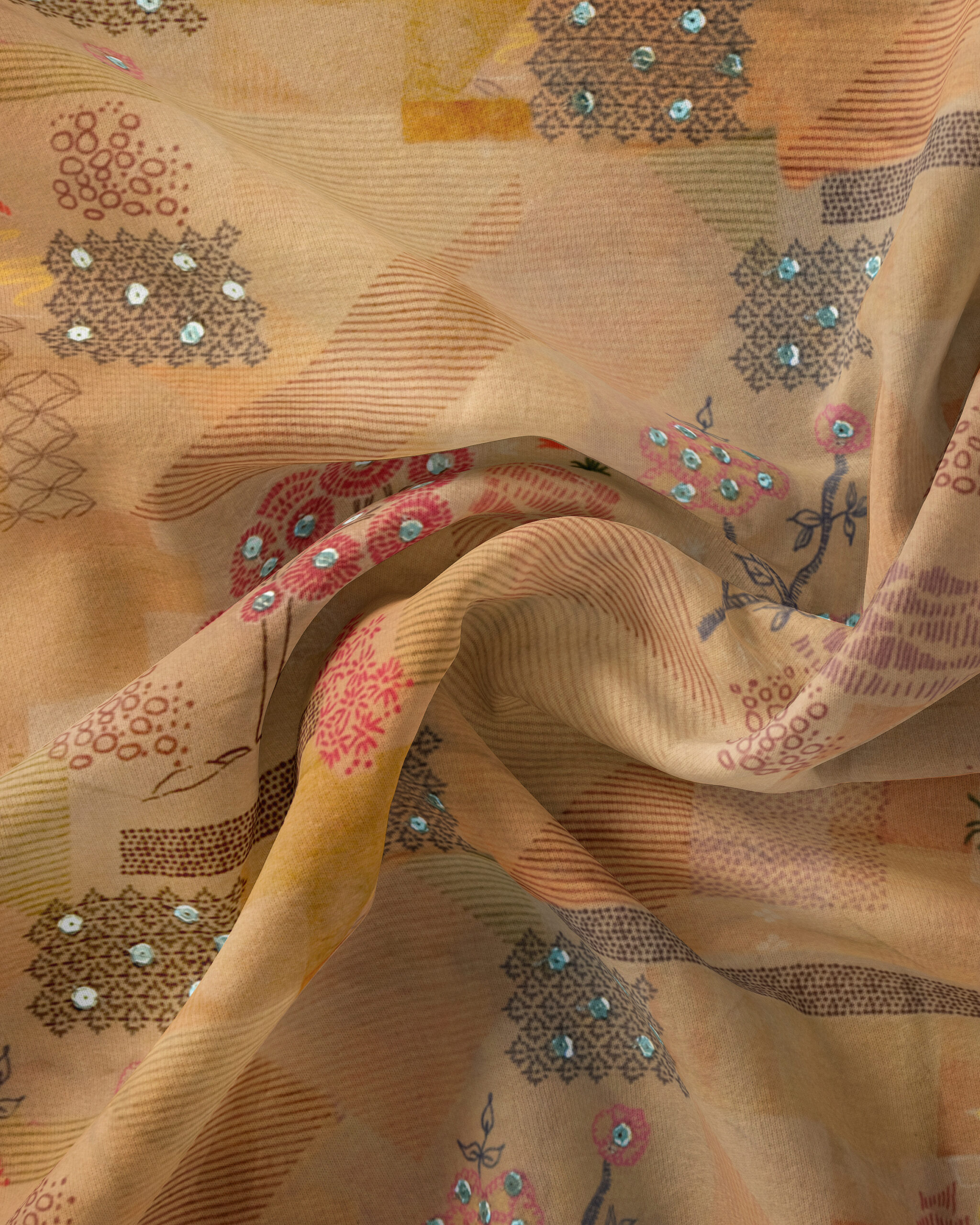 Digital Printed Yellow Tusser Silk Fabric With Handwork