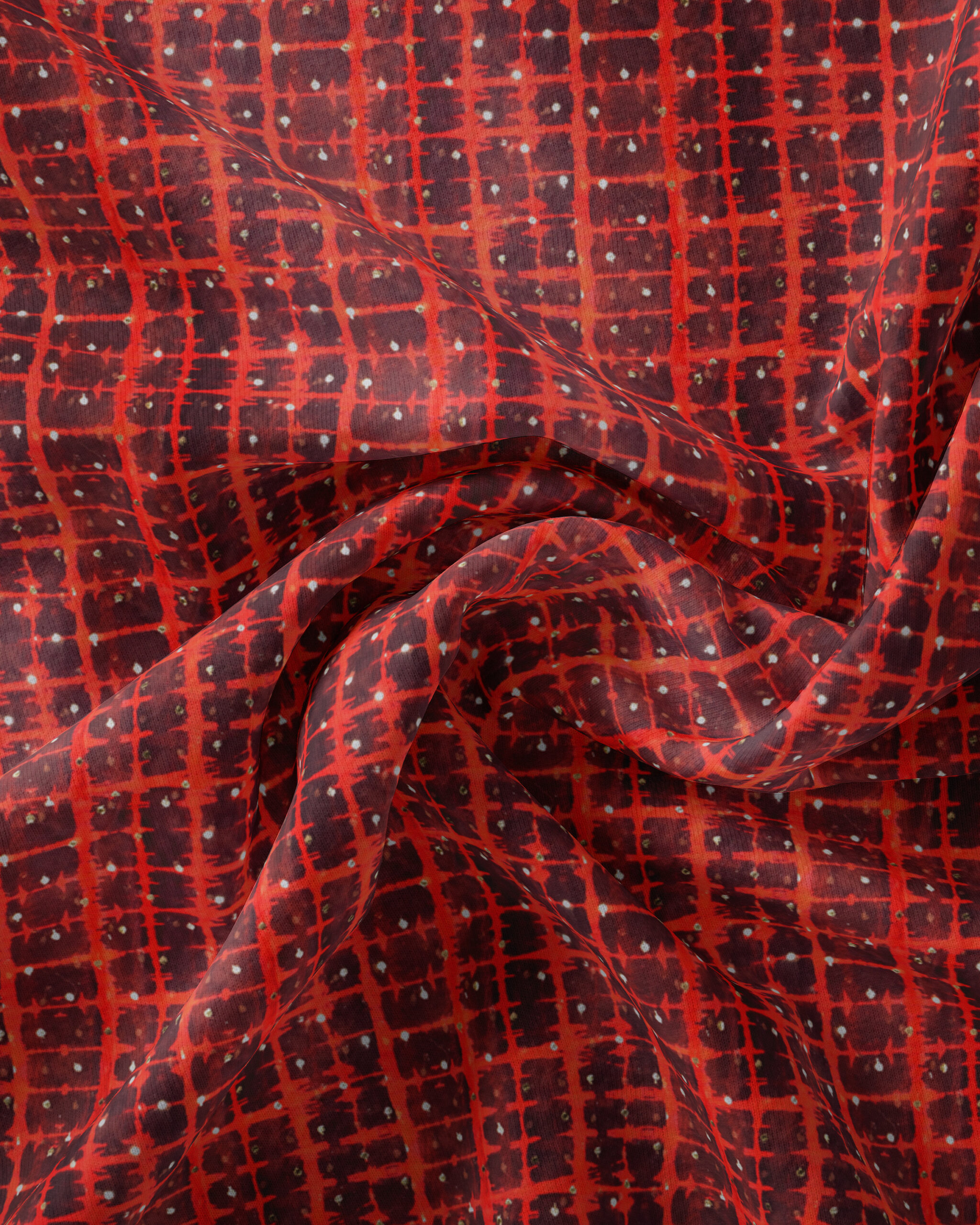 Digital Printed Black & Red Viscose Organza Fabric with Foil Work