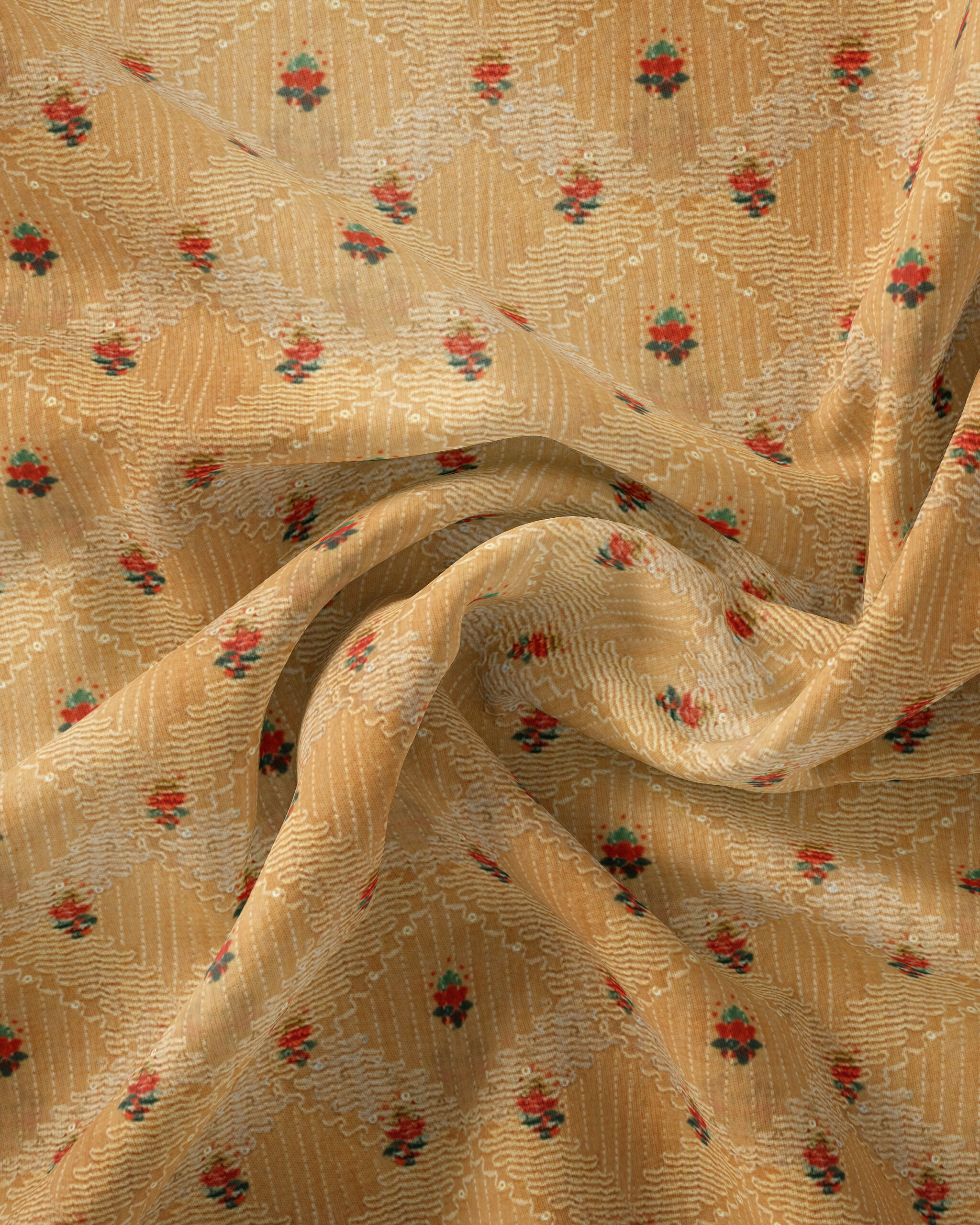 Digital Printed Light Mustard Coloured Muslin Fabric