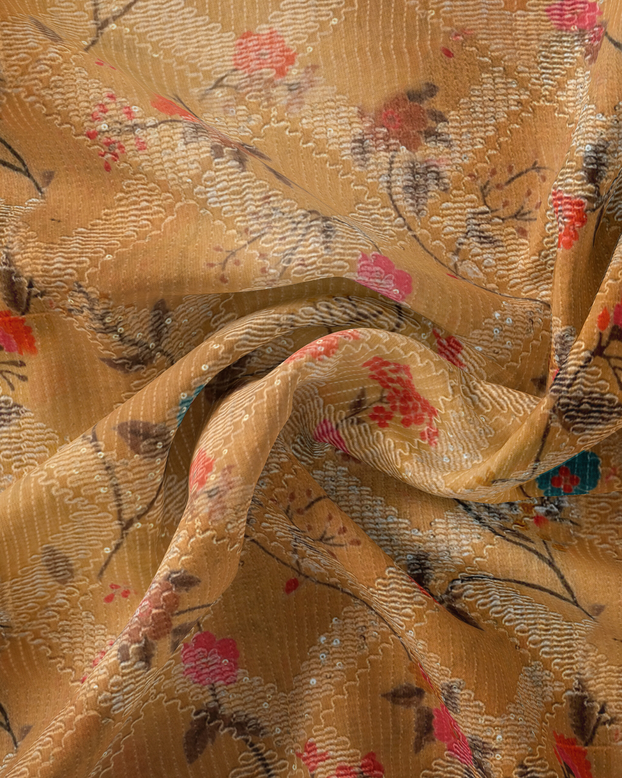 Digital Printed Dark Yellow Chinnon Chiffon Fabric With Gota Work