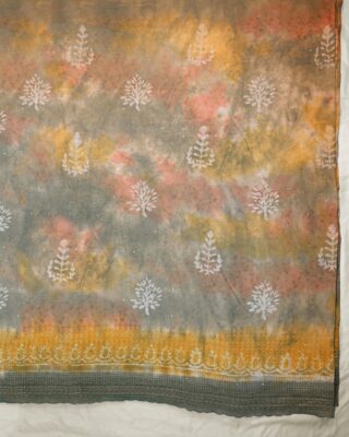 Printed Mustard Coloured Cotton Super Fabric With Cotton Grey Dhaga Embroidery
