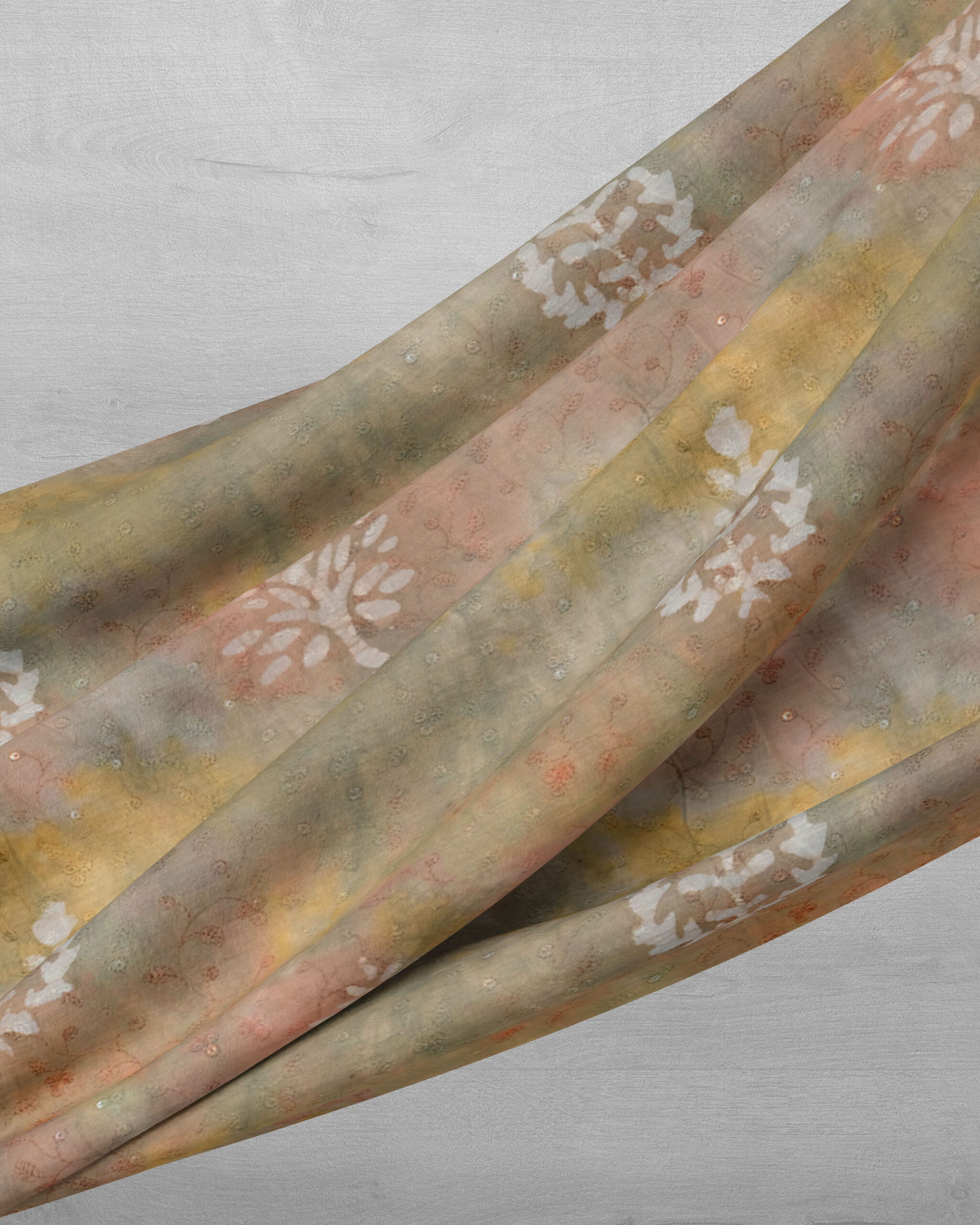 Printed Mustard Coloured Cotton Super Fabric With Cotton Grey Dhaga Embroidery