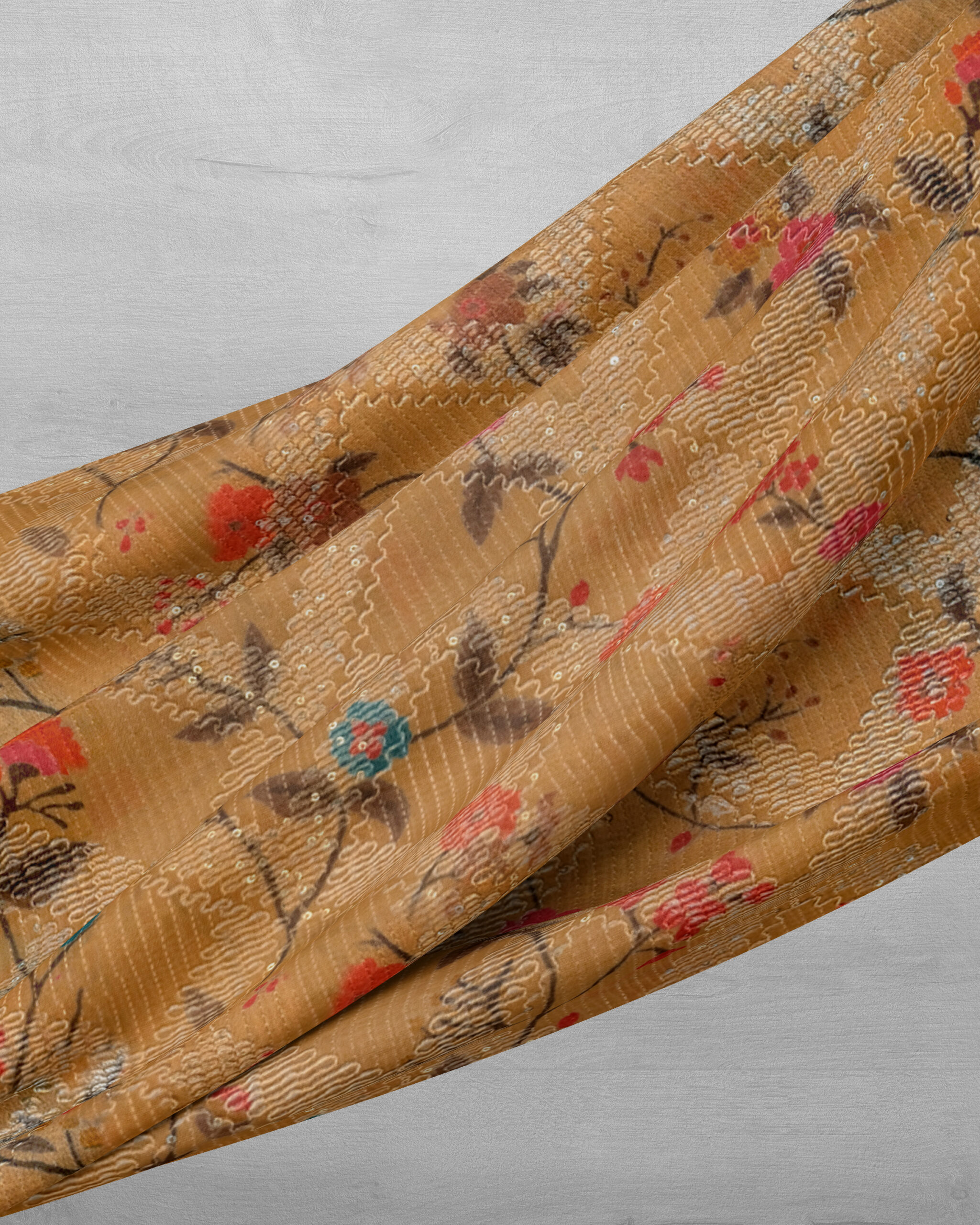 Digital Printed Dark Yellow Chinnon Chiffon Fabric With Gota Work