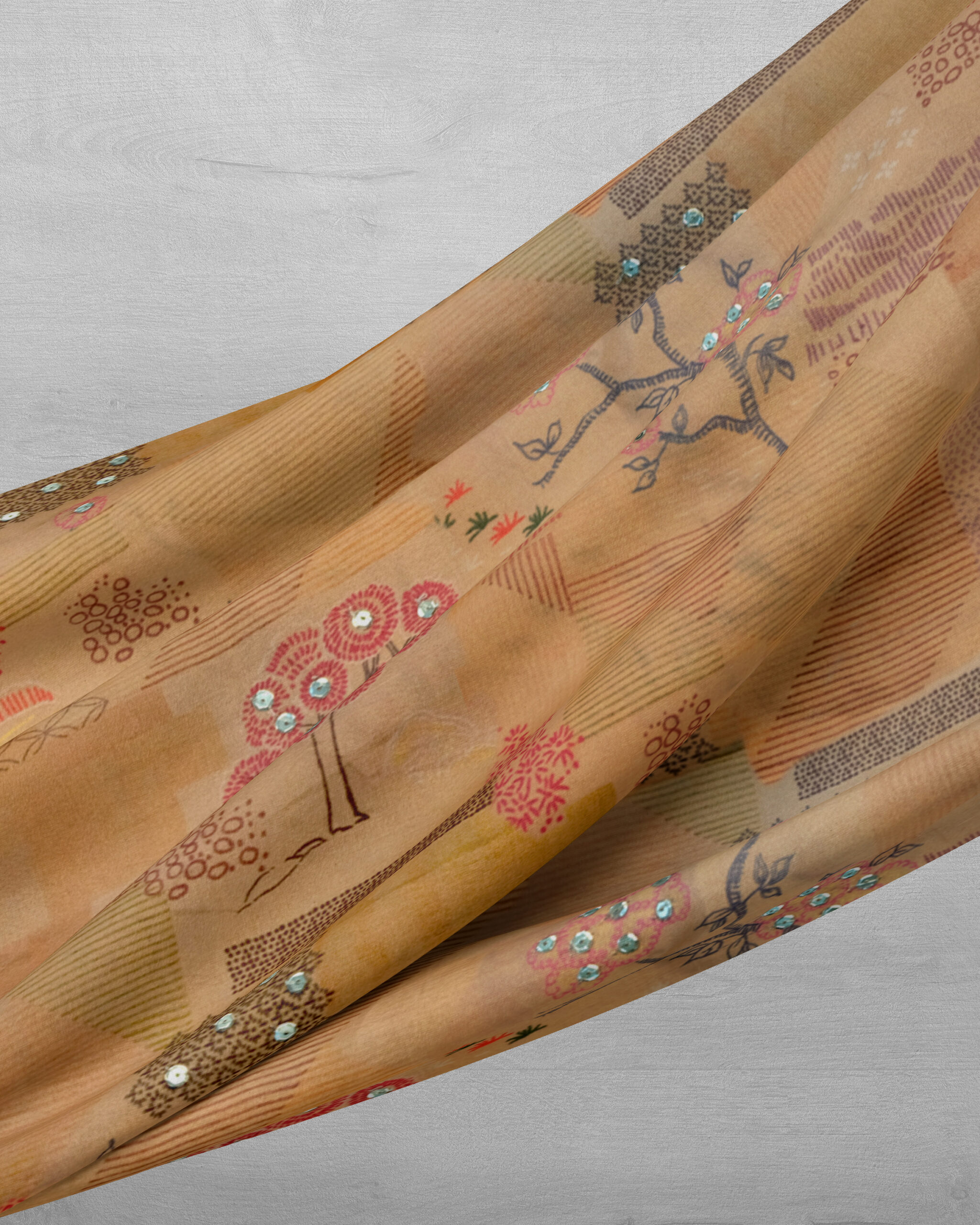 Digital Printed Yellow Tusser Silk Fabric With Handwork